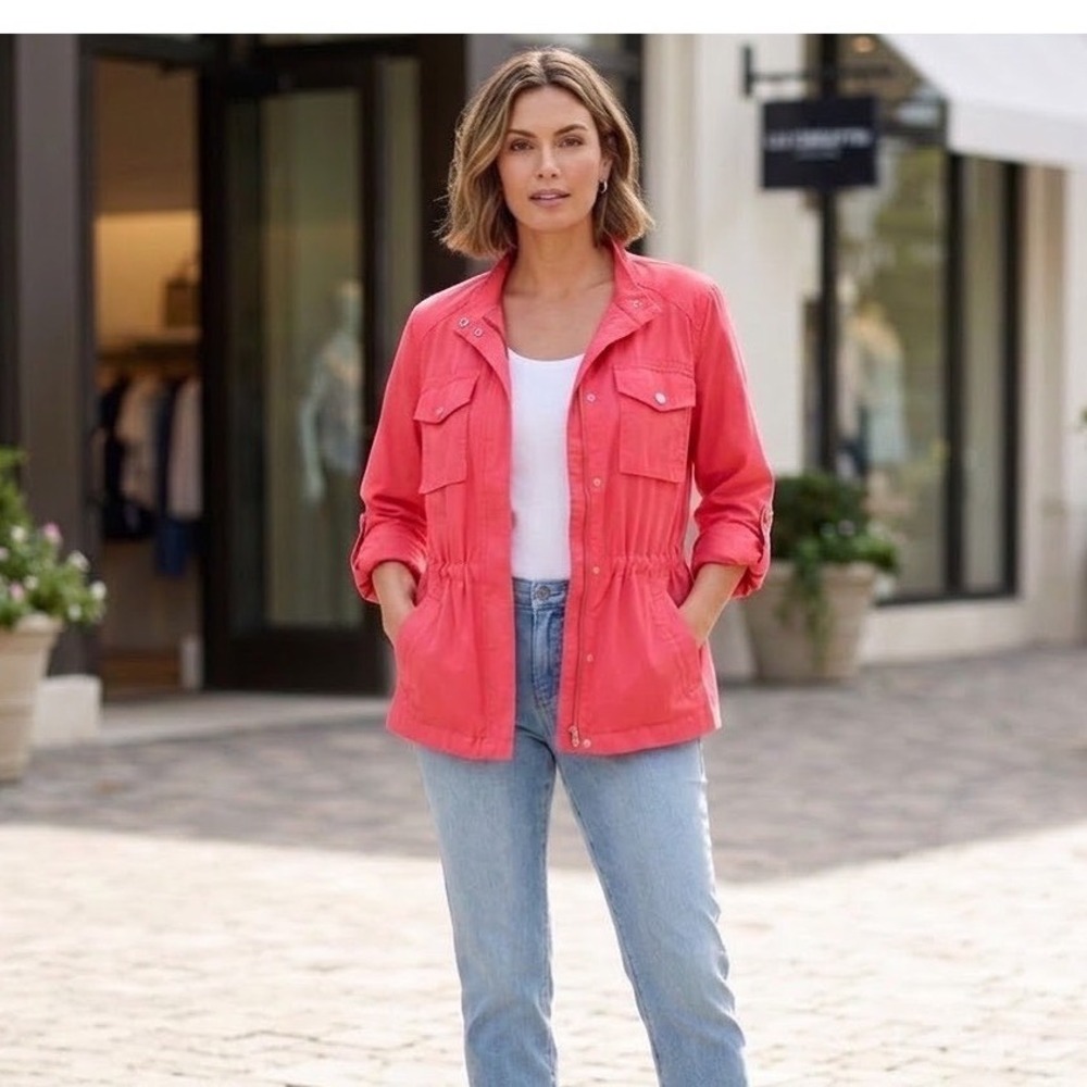Liz Claiborne Coral Pink Cotton Drawstring Utility Jacket PL Barbiecore Preppy